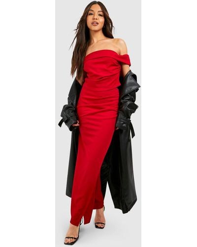 Boohoo Drape Off The Shoulder Top & Wrap Thigh Split Maxi Skirt - Red