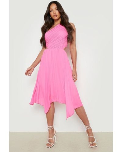 Boohoo Tall One Shoulder Pleated Midi Dress - Pink