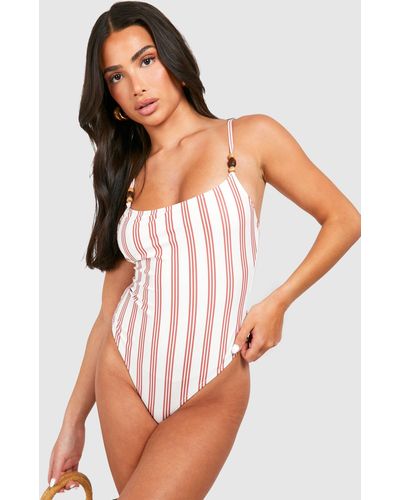 Boohoo Petite Stripe Print Strap Detail Bathing Suit - Natural