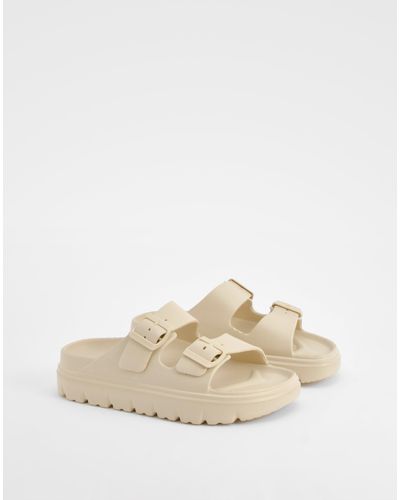 Boohoo Double Strap Footbed Buckle Sliders - Natural