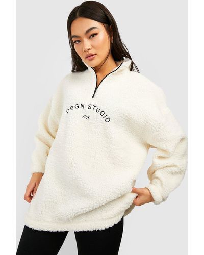 Boohoo Premium Borg Embroidered Half Zip Sweater - White