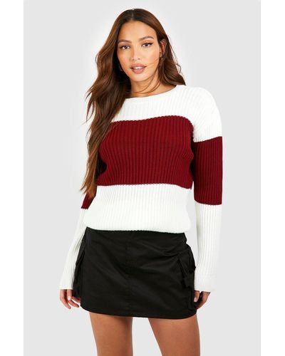 Boohoo Tall Color Block Knitted Sweater - Red