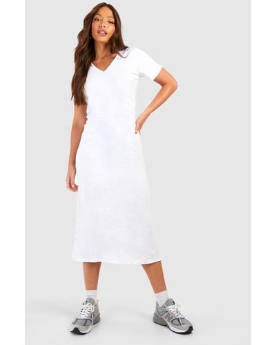 Boohoo Tall V Neck Cotton T-shirt Midi Dress - White