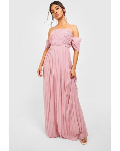 Boohoo Pleated Bardot Bridesmaid Maxi Dress - Pink