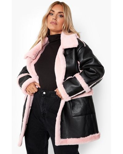 Boohoo Plus Pink Faux Fur Trim Longline Aviator Jacket - Black