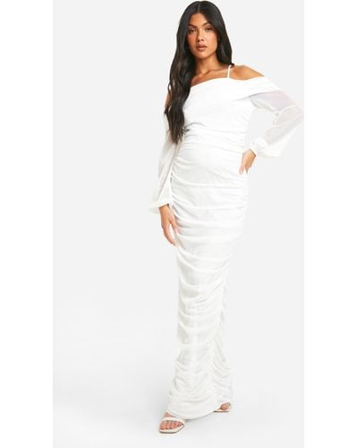 Boohoo Maternity Cold Shoulder Mesh Bodycon Maxi Dress - White
