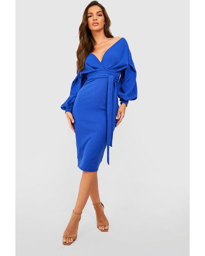 Boohoo Off The Shoulder Wrap Midi Dress - Blue