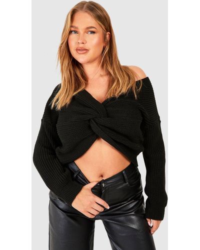 Boohoo Plus Twist Front Knitted Sweater - Black