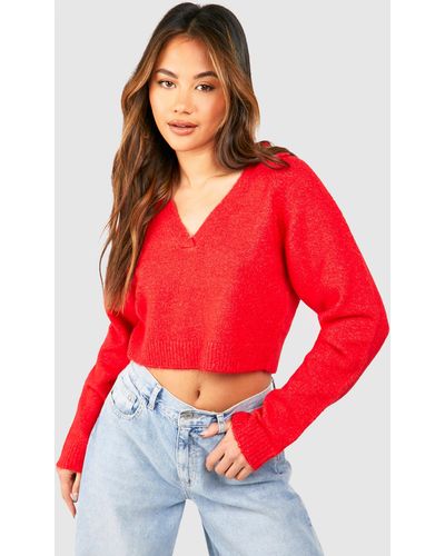 Boohoo Soft Knit Fine Gauge Cropped Polo Collar Sweater - Red
