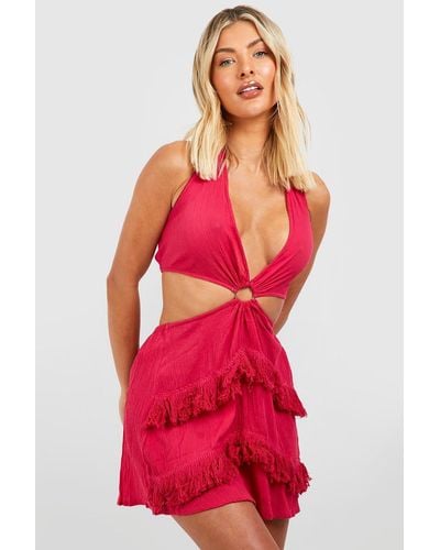 Boohoo Cheesecloth Ring Halterneck Cut Out Tassel Mini Beach Dress - Red