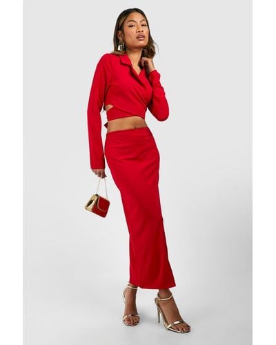 Boohoo Wrap Waist Crop Blazer & Split Front Midaxi Skirt - Red