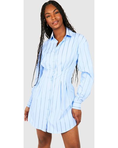 Boohoo Tall Woven Pinstripe Cinched Waist Shirt Dress - Blue