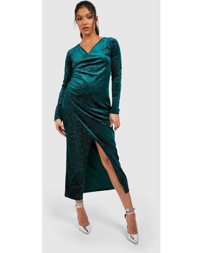 Boohoo Maternity Wrap Over Velvet Midaxi Dress - Green