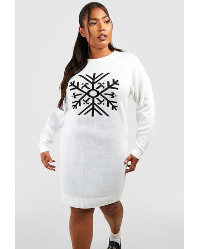 Boohoo Plus Snowflake Christmas Sweater Dress - White