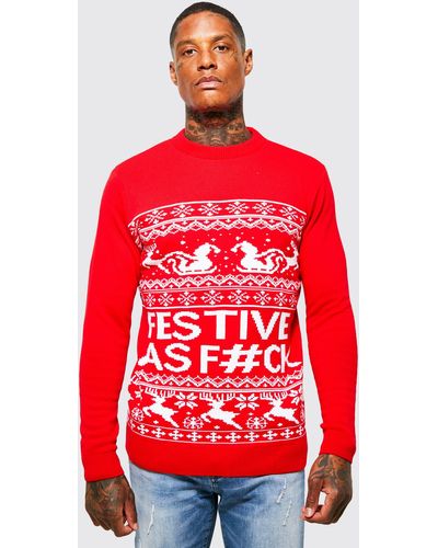 BoohooMAN Festive Slogan Christmas Sweater - Red