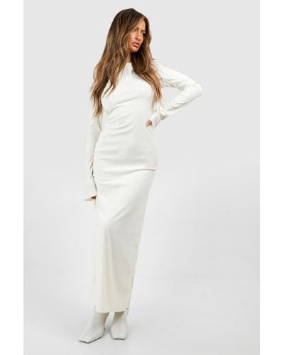 Boohoo Long Sleeve Ribbed Flared Maxi Dress - White