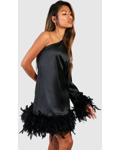 Boohoo Premium Feather One Shoulder Satin Mini Dress - Black