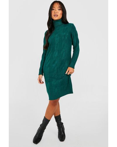 Boohoo Petite Turtleneck Cable Knit Sweater Dress - Green