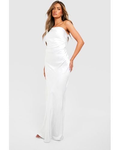 Boohoo Bridesmaid Satin Strappy Asymmetric Maxi Dress - White