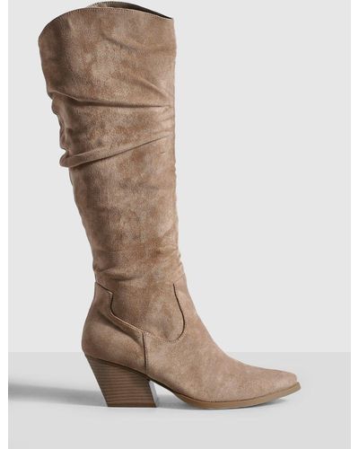 Boohoo Ruched Casual Knee High Cowboy Boots - Brown