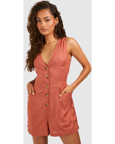 Boohoo Linen Look Button Front Romper - Red