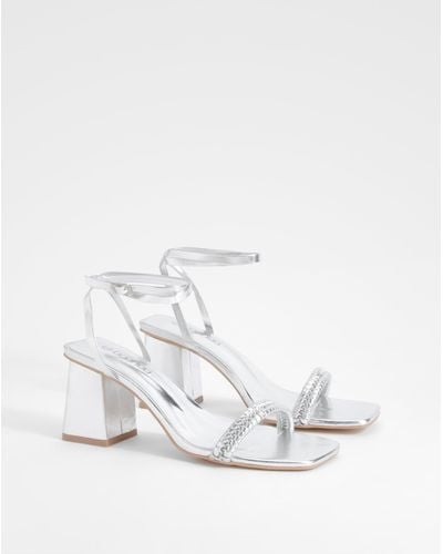 Boohoo Metallic Woven Strap Block Heel Sandals - White
