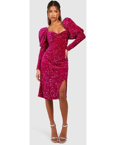 Boohoo Sequin Puff Sleeve Midi Party Dress - Red