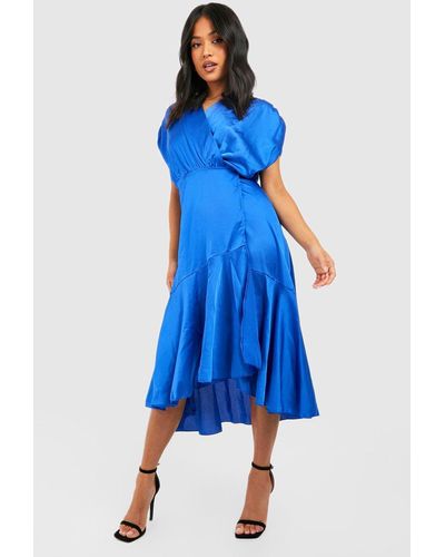 Boohoo Petite Satin Occasion Ruffle Hem Midi Dress - Blue