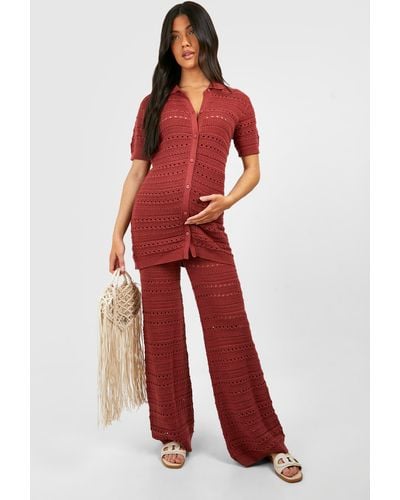 Boohoo Maternity Crochet Knitted Shirt And Wide Leg Trouser Co-ord - Red