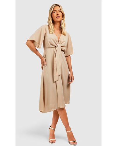 Boohoo Linen Tie Detail Midi Dress - Natural