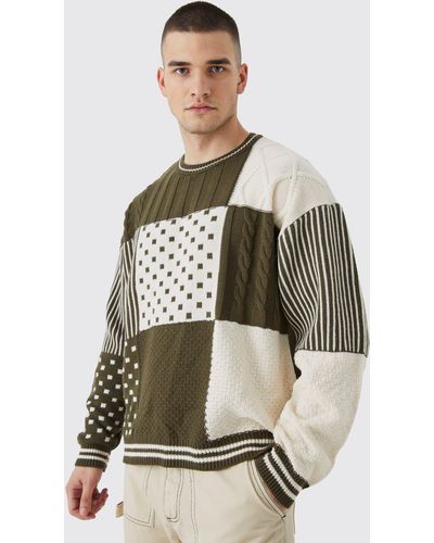 BoohooMAN Tall Oversized Boxy Cable Checkerboard Sweater - Green