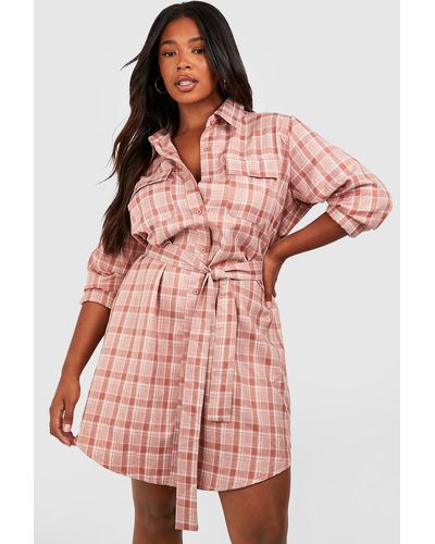 Boohoo Plus Flanneled Belted Shirt Dress - Red