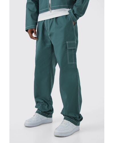 Boohoo Pantalón Cargo Holgado De Sarga Con Cintura Elástica Y Costuras En Contraste - Verde