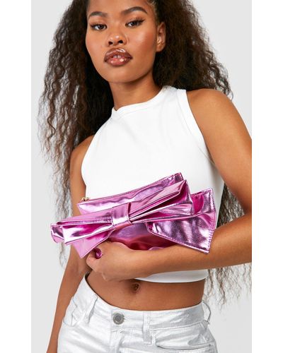 Boohoo Oversized Metallic Bow Detail Clutch Bag - Pink