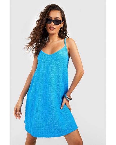 Boohoo Trapeze Textured Smock Dress - Blue
