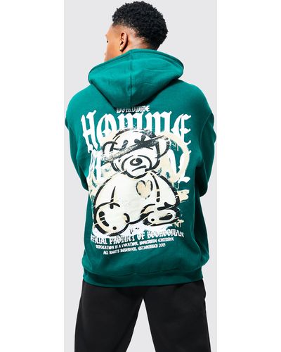 BoohooMAN Oversized Overdyed Homme Teddy Graphic Hoodie - Green