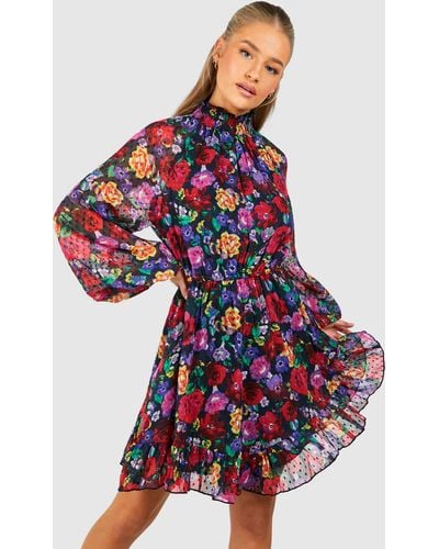 Boohoo Floral Dobby High Neck Smock Dress - Red