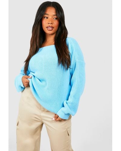 Boohoo Plus Slash Neck Fisherman Sweater - Blue