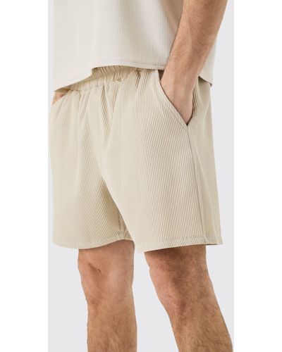 BoohooMAN Pleated Drawcord Shorts - Natural
