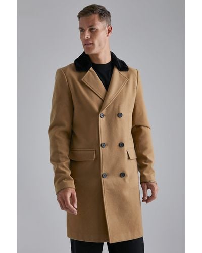 BoohooMAN Tall Double Breasted Faux Fur Overcoat - Brown
