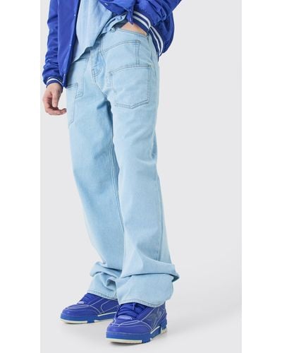 BoohooMAN Tall Baggy Rigid Tape Detail Acid Wash Jeans - Blau