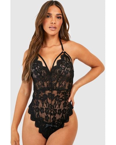 Boohoo Crotchless Strapping Lace One Piece - Black