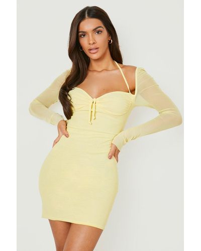 Boohoo Mesh Long Sleeve Bodycon Mini Dress - Yellow