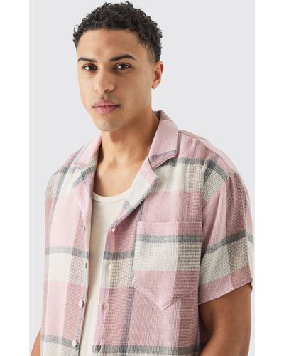 BoohooMAN Oversized Textured Flannel Shirt - Pink