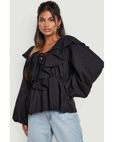 Boohoo Tie Front Frill Detail Smock Top - Black