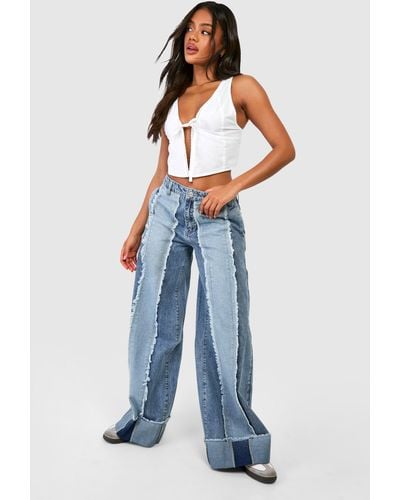 Boohoo Fray Seam Patchwork Jeans With Turn Up Hem - Blue