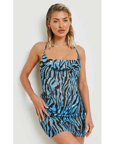 Boohoo Zebra Chiffon Cowl Neck Beach Mini Dress - Blue
