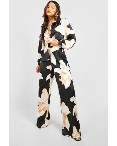 Boohoo Large Scale Floral Wide Leg Pants - White