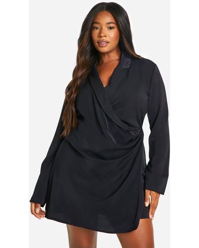 Boohoo Plus Wrap Ruched Blazer Dress - Black