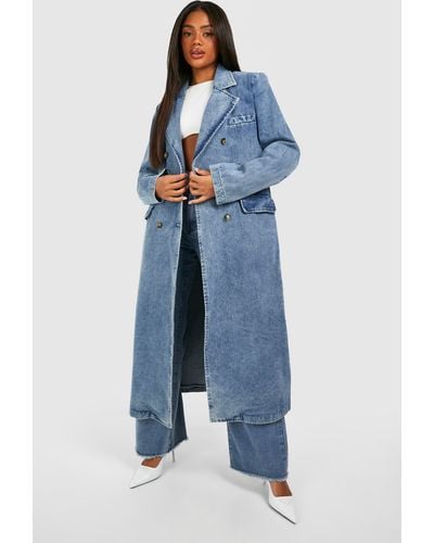 Boohoo Double Breasted Denim Trench Coat - Blue